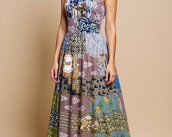 Bohemian Patchwork Maxi Dress with Adjustable Straps, Rayon Multi Print Tiered Summer Gown, Flowy Sun Dress, Hippie Festival Resort Wear