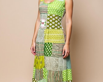 Vestido largo de patchwork: vestido bohemio de verano de rayón, talla única