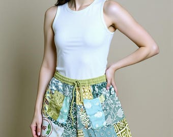 Patchwork Rayon Shorts Women, Boho Hippie Elastic Waist Shorts, Festival Summer Beach Wear
