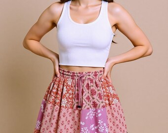 Boho patchwork minirok | Gelaagde rok van rayon met bloemenprint voor een zomerse cottagecore-look