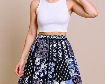 Patchwork minirok | Handgemaakte gelaagde boho festivalrok van rayon