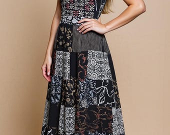 Handmade Patchwork Maxi Dress, Rayon Multi Print Tiered Bohemian Gown, Flowy Artisanal Summer Sun Dress, One of a Kind Festival Resort Wear