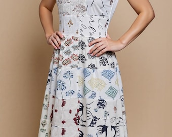 Vestido largo bohemio de patchwork: talla única de rayón, aspecto artesanal