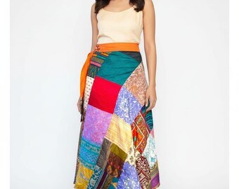 Reversible Sari Silk Patchwork Maxi Skirt, Bohemian Upcycled Vintage Wrap, Festival Clothing