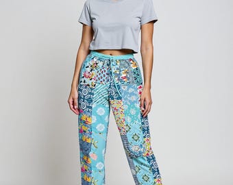 Handmade Patchwork Harem Pants, Boho Yoga Festival Trousers, Unisex Rayon Lounge Wear