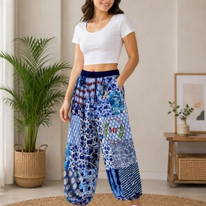 Handgefertigte Patchwork-Haremshose: Unisex-Boho-Yogahose mit Taschen