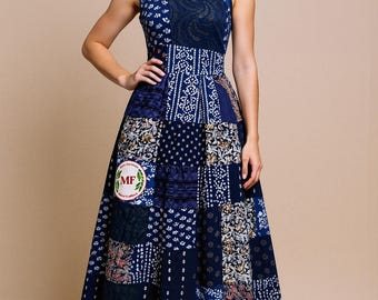 Vestido largo de patchwork hecho a mano: rayón bohemio, talla única