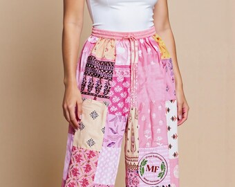 Patchwork Palazzo Pants | Boho Wide Leg Rayon Cotton Trousers | Pink Floral Hippie Beachwear