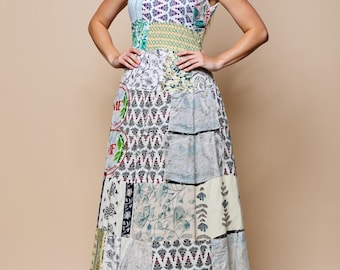 Vestido largo de patchwork de rayón bohemio, tirantes ajustables, talla única