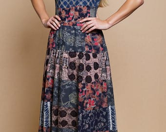 Handmade Patchwork Maxi Dress, Rayon Multi Print Tiered Bohemian Gown, Flowy One of a Kind Summer Sun Dress Artisanal Festival & Resort Wear