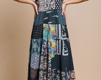 Handmade Patchwork Maxi Dress, Rayon Multi Print Tiered Bohemian Gown, Flowy One of a Kind Summer Sun Dress Artisanal Festival & Resort Wear