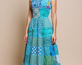 Bohemian Patchwork Maxi Dress with Adjustable Straps, Rayon Multi Print Tiered Summer Gown, Flowy Sun Dress, Hippie Festival Resort Wear