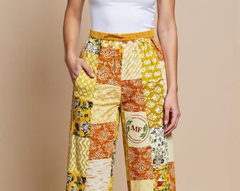Boho Palazzo Pants, Patchwork Wide Leg Trousers, Festival Hippie Clothing, Gift for Her