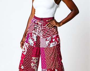Culotte patchwork bohème, pantalon large court, palazzo rose à imprimé floral, vêtements bohèmes pour femmes