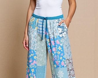 Patchwork Palazzo Pants with Pockets | Boho Wide Leg Trousers | Yoga Bottoms