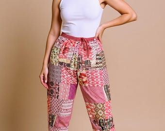 Women's Boho Harem Pants, Patchwork Print Joggers, Festival Trousers, Handmade Pants, Gift for Her