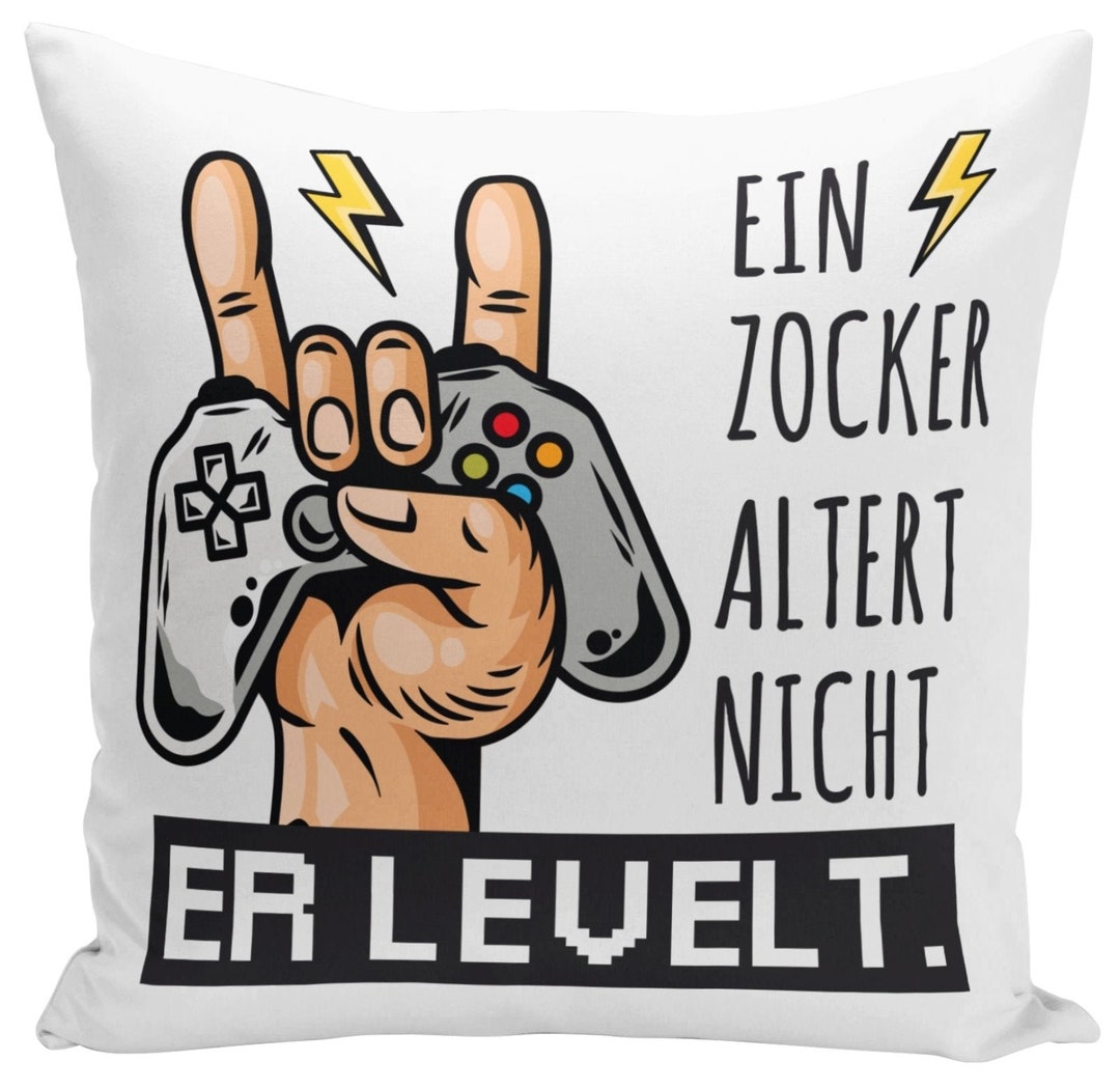 Kissen mit Spruch Ein Zocker altert nicht er levelt. Geschenk für