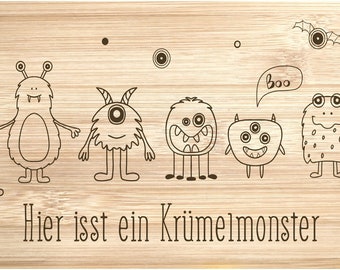 Frühstücksbrettchen mit Spruch: Hier isst das Krümelmonster - Vesperbrett für Kinder mit Monster Motiv - Geschenk für Jungen & Mädchen