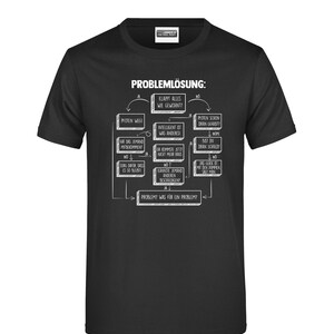 Könnte beinhalten: Schwarzes T-Shirt mit einer weißen Grafik eines Flussdiagramms mit dem Titel "Problemlösung". Das Flussdiagramm zeigt eine Reihe von Ja- oder Nein-Fragen, um festzustellen, ob ein Problem ein echtes Problem ist oder nicht.