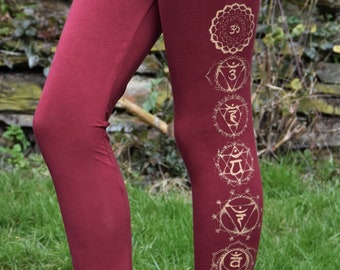 Damen Leggings Bordeauxrot Chakra Druck Psytrance Hippie Leggings OM Yoga Leggings Chakra Druck Festival Pilates Leggings Meditation Chakra