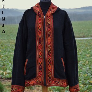 Gewebte Baumwolle Jacke Ethno Hippie Jacke Schwarz Festival Übergangs Jacke XL Gefüttert Kapuzen Jacke Ethno Hippie Boho Jacke Gefüttert