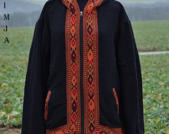 Gewebte Baumwolle Jacke Ethno Hippie Jacke Schwarz Festival Übergangs Jacke XL Gefüttert Kapuzen Jacke Ethno Hippie Boho Jacke Gefüttert