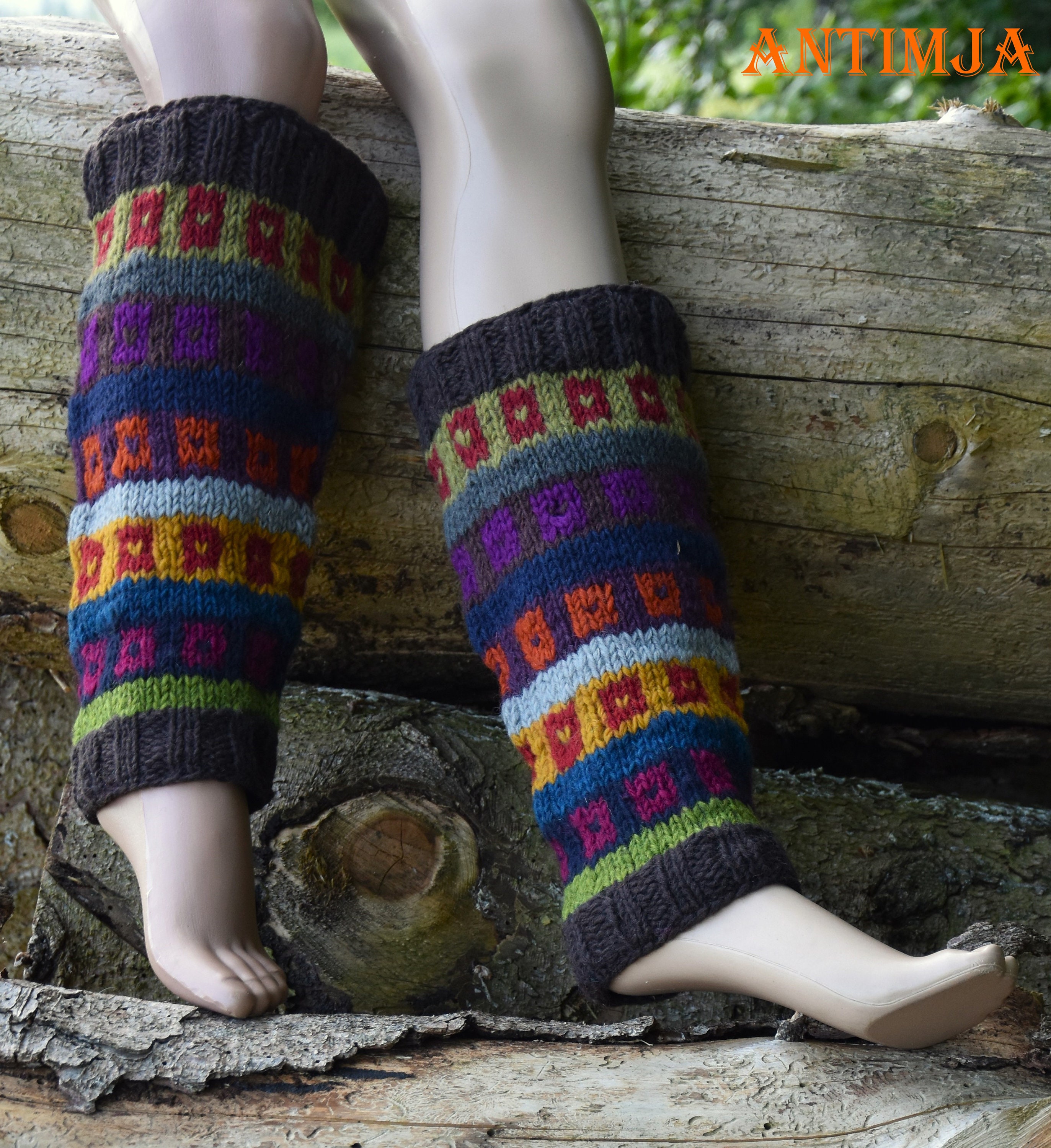 Beinstulpen Handgestrickt, Bunte Strickstulpen Gefüttert,Hippie