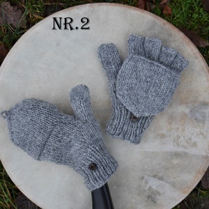 Handschuhe mit Klappe Handgestrickt Wollhandschuhe Gefüttert Klapphandschuhe Grau Gefüttert Strick Fäustlinge Winter Fingerlinge mit Klappe Bild 7