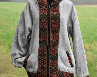 Gewebte Baumwolle Jacke Ethno Hippie Jacke Grau Herbst Jacke Übergangs Jacke XL Gefüttert Kapuzen Jacke Ethno Hippie Boho Jacke Gefüttert