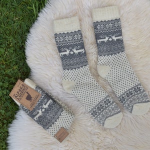 Winter Socken 35-46 Warme Norweger Socken mit Alpaka Wolle Merino Wolle Grau/Creme Haussocken Herbst Winter Unisex Norweger Socken Warm Bild 10