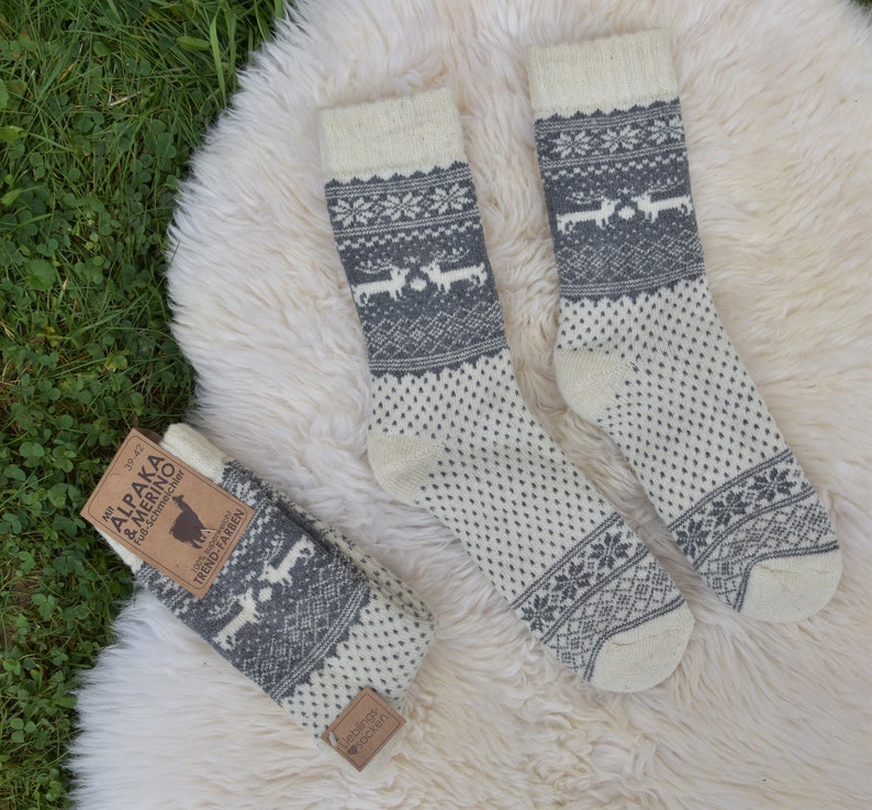 Winter Socken 35-46 Warme Norweger Socken mit Alpaka Wolle Merino Wolle Grau/Creme Haussocken Herbst Winter Unisex Norweger Socken Warm Bild 10