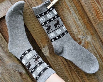 Socken mit Alpakawolle Unisex 39-46 Norweger Socken mit Alpaka Wolle Grau Motiv Herbst Socken Winter Motiv Unisex Socken Norweger Stil Warm