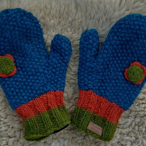 Handschuhe Wolle Türkis Fäustlinge Blume Winterhandschuhe Strick Handschuhe Gefüttert Hippie Handgestrickte Fäustlinge Blume Türkis Orange Bild 6