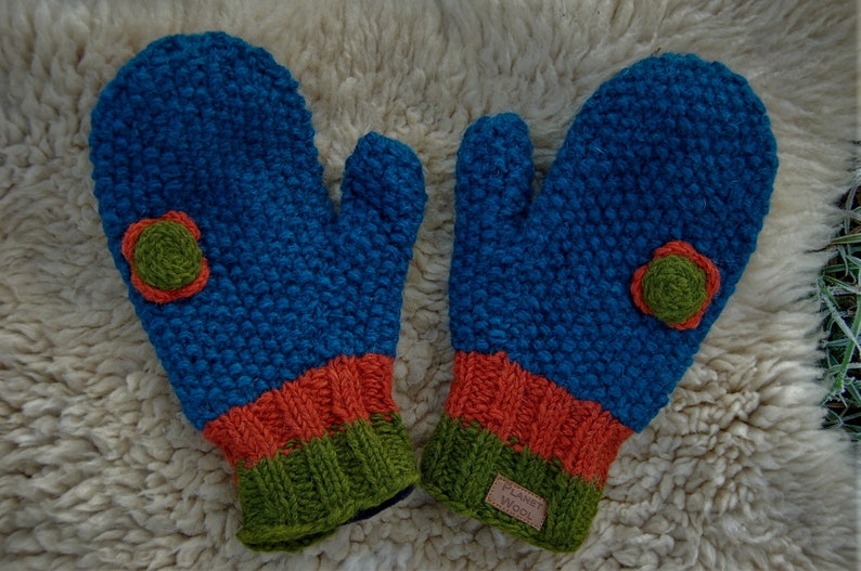 Handschuhe Wolle Türkis Fäustlinge Blume Winterhandschuhe Strick Handschuhe Gefüttert Hippie Handgestrickte Fäustlinge Blume Türkis Orange Bild 6