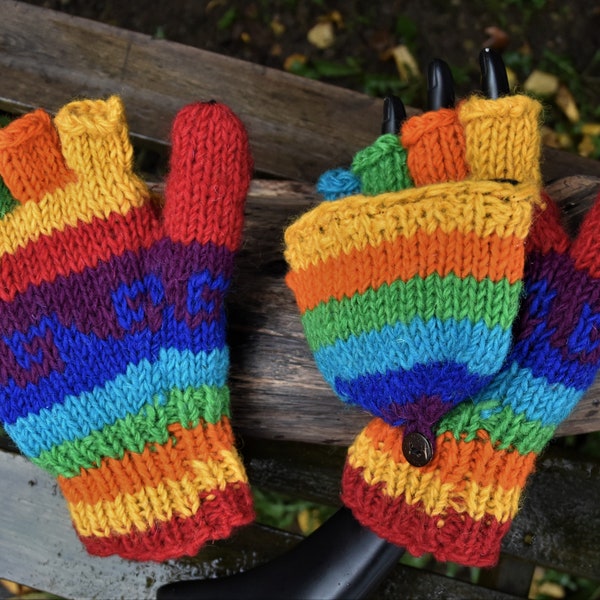 Wollhandschuhe mit Klappe Handgestrickte Klapphandschuhe Gefüttert Bunt Wolle Strick Handschuhe Gefüttert Klapphandschuhe Winter Strick Bunt