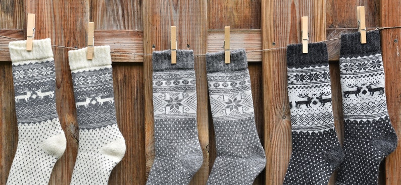 Winter Socken 35-46 Warme Norweger Socken mit Alpaka Wolle Merino Wolle Grau/Creme Haussocken Herbst Winter Unisex Norweger Socken Warm Bild 8