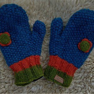 Handschuhe Wolle Türkis Fäustlinge Blume Winterhandschuhe Strick Handschuhe Gefüttert Hippie Handgestrickte Fäustlinge Blume Türkis Orange Bild 5