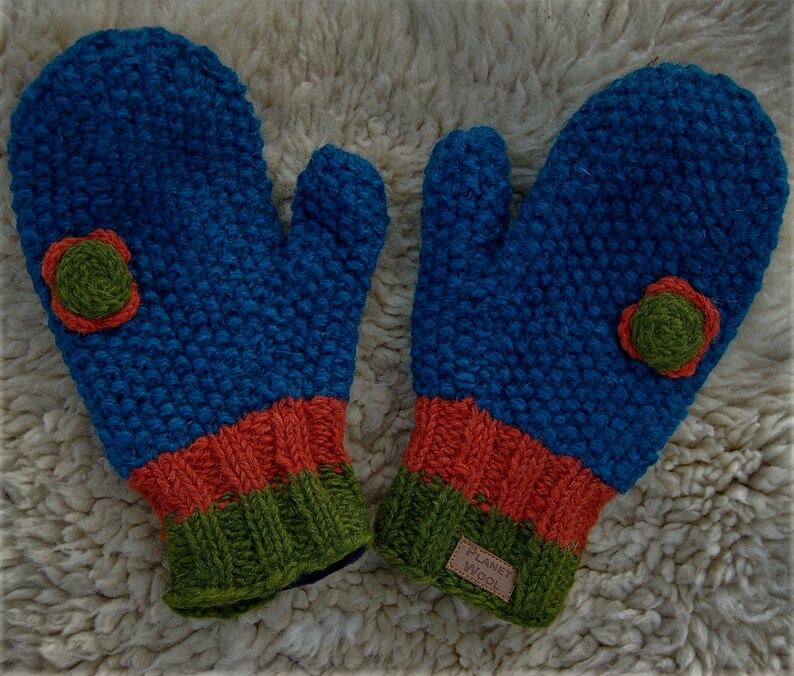 Handschuhe Wolle Türkis Fäustlinge Blume Winterhandschuhe Strick Handschuhe Gefüttert Hippie Handgestrickte Fäustlinge Blume Türkis Orange Bild 5