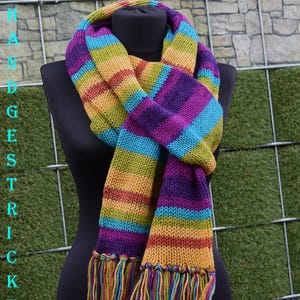 Könnte beinhalten: Ein handgestrickter Schal mit horizontalen Streifen in leuchtenden Farben wie Violett, Blau, Gelb und Orange. Der Schal hat ein strukturiertes Strickmuster und ist an beiden Enden mit langen, mehrfarbigen Fransen versehen. Der Text ANTIMJA ist sichtbar.