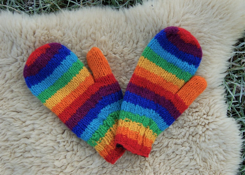 Handschuhe Wolle Bunt Fäustlinge Winter Handschuhe Schafwolle Hippie Handschuhe Gefüttert Rainbow Handschuhe Fäustlinge Strick Winter Bild 7