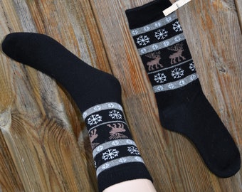 Socken mit Alpakawolle Schwarz Unisex 39-46 Norweger Socken mit Alpaka Wolle Motiv Herbst Socken Winter Motiv Unisex Socken Norweger Stil