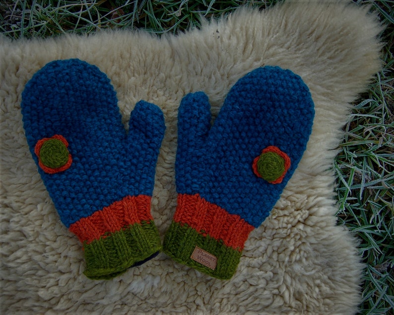 Handschuhe Wolle Türkis Fäustlinge Blume Winterhandschuhe Strick Handschuhe Gefüttert Hippie Handgestrickte Fäustlinge Blume Türkis Orange Bild 2