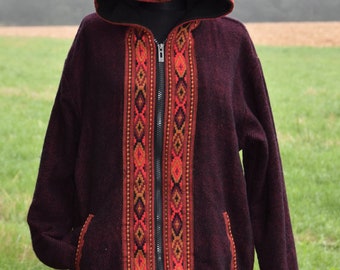 Wolljacke Gefüttert Herbst Winter Jacke Bordeaux Ethno Hippie Jacke Festival Kapuzen Jacke Gefüttert Übergangs Jacke Hippie Goa Ethno