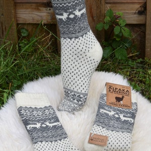 Winter Socken 35-46 Warme Norweger Socken mit Alpaka Wolle Merino Wolle Grau/Creme Haussocken Herbst Winter Unisex Norweger Socken Warm Bild 5