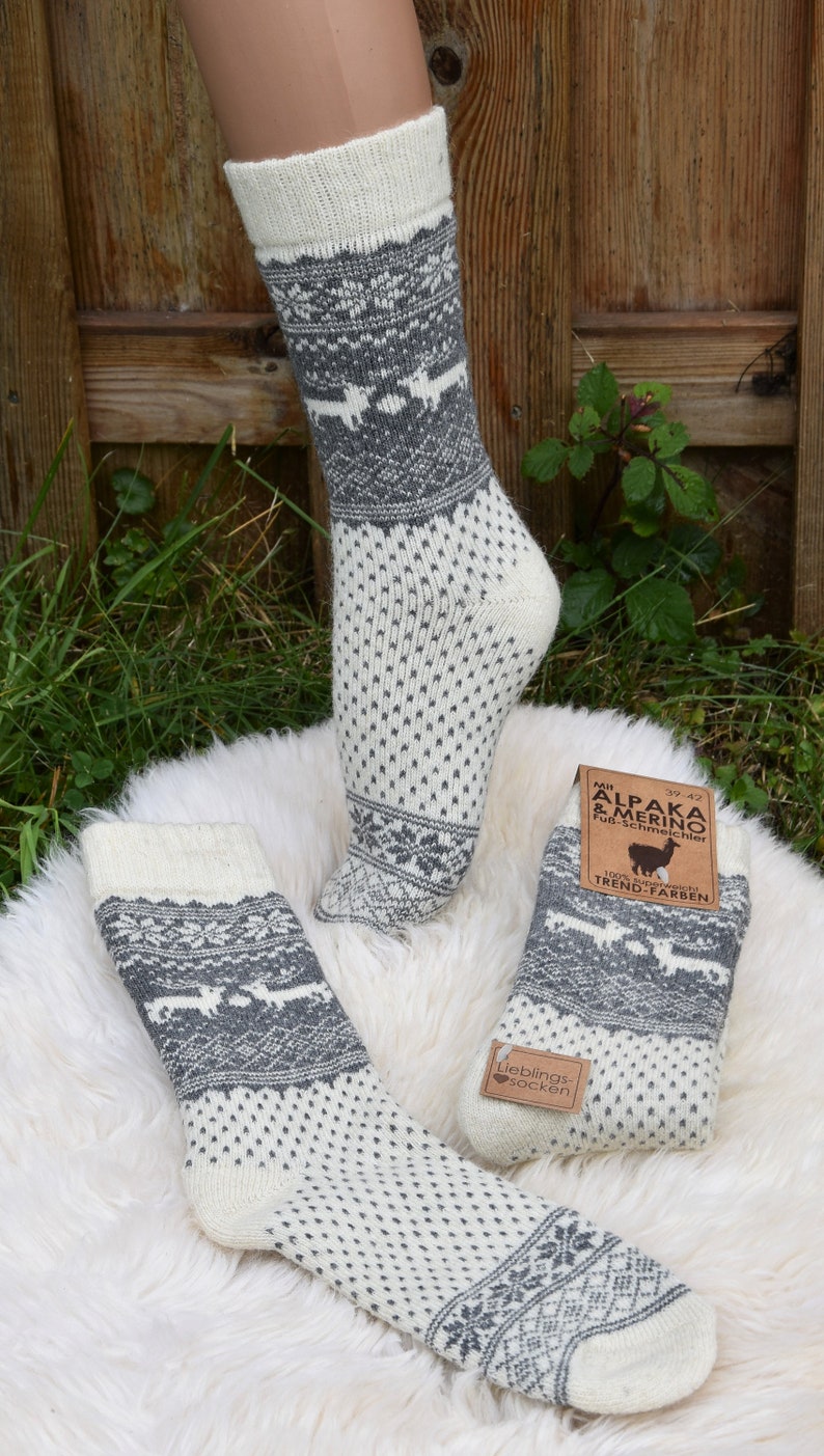 Winter Socken 35-46 Warme Norweger Socken mit Alpaka Wolle Merino Wolle Grau/Creme Haussocken Herbst Winter Unisex Norweger Socken Warm Bild 5