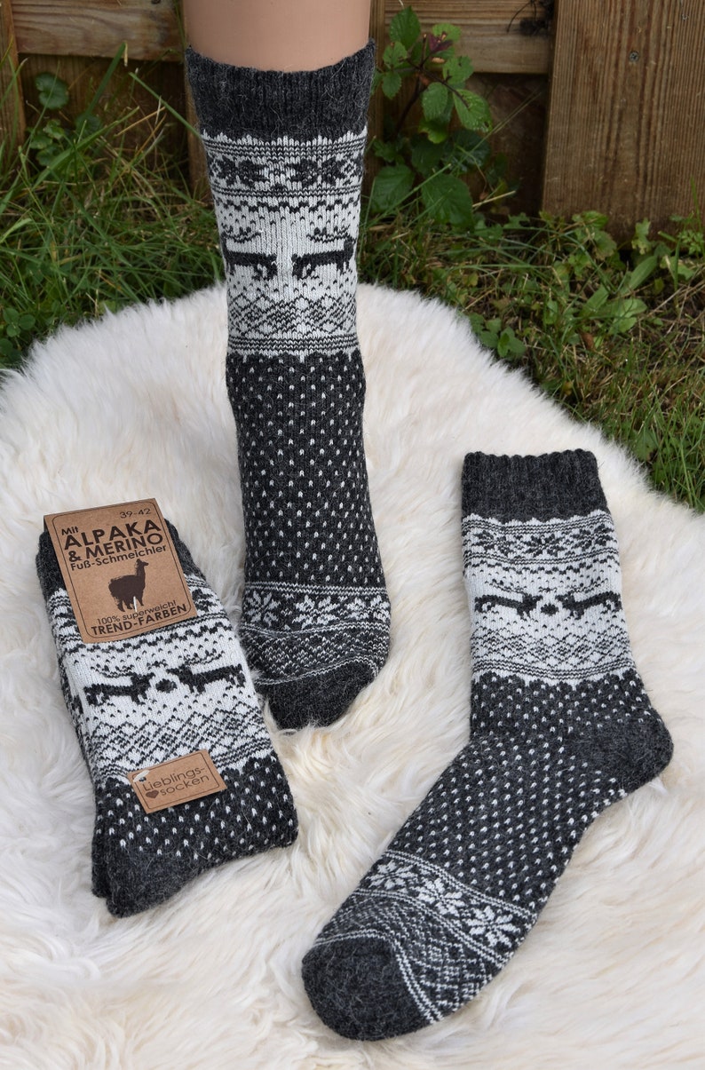 Winter Socken 35-46 Warme Norweger Socken mit Alpaka Wolle Merino Wolle Grau/Creme Haussocken Herbst Winter Unisex Norweger Socken Warm Bild 4