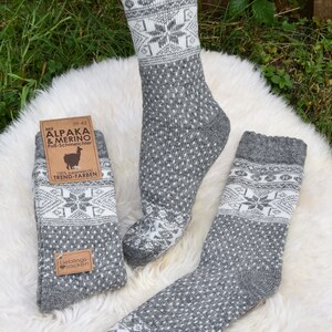 Winter Socken 35-46 Warme Norweger Socken mit Alpaka Wolle Merino Wolle Grau/Creme Haussocken Herbst Winter Unisex Norweger Socken Warm Bild 6