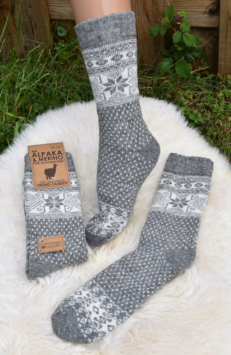 Winter Socken 35-46 Warme Norweger Socken mit Alpaka Wolle Merino Wolle Grau/Creme Haussocken Herbst Winter Unisex Norweger Socken Warm Bild 6