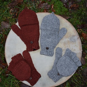 Handschuhe mit Klappe Handgestrickt Wollhandschuhe Gefüttert Klapphandschuhe Grau Gefüttert Strick Fäustlinge Winter Fingerlinge mit Klappe Bild 1