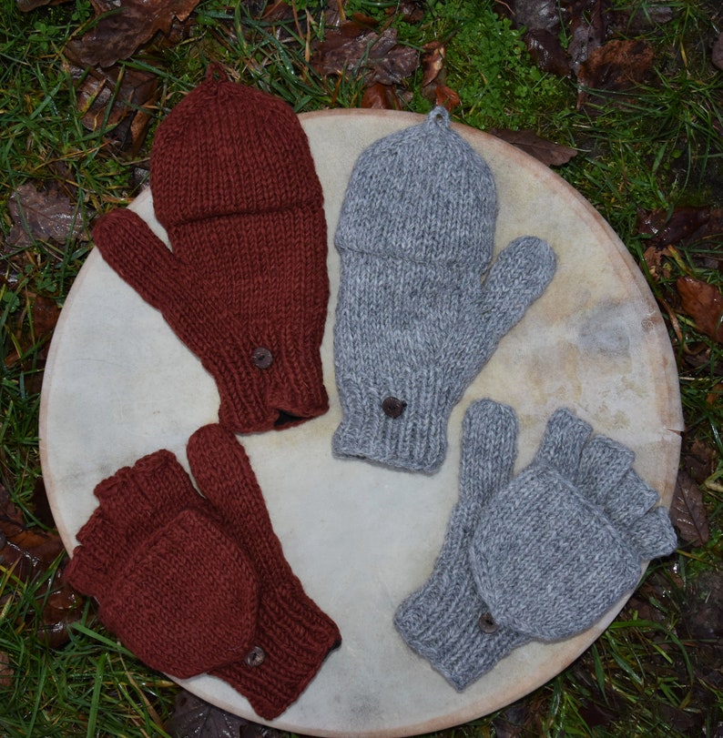 Handschuhe mit Klappe Handgestrickt Wollhandschuhe Gefüttert Klapphandschuhe Grau Gefüttert Strick Fäustlinge Winter Fingerlinge mit Klappe Bild 1